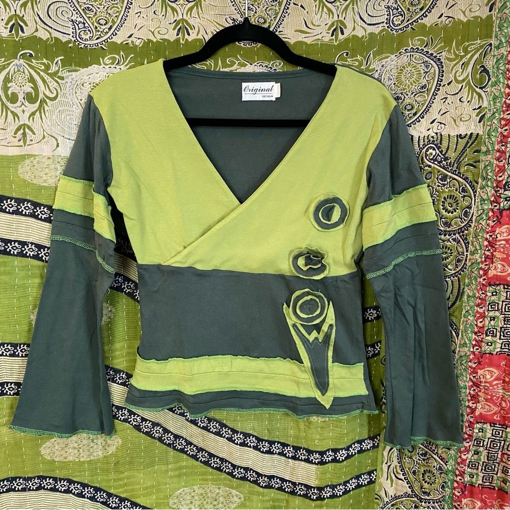 Y2K Original Design Patchwork Green Appliqué Top Size Small